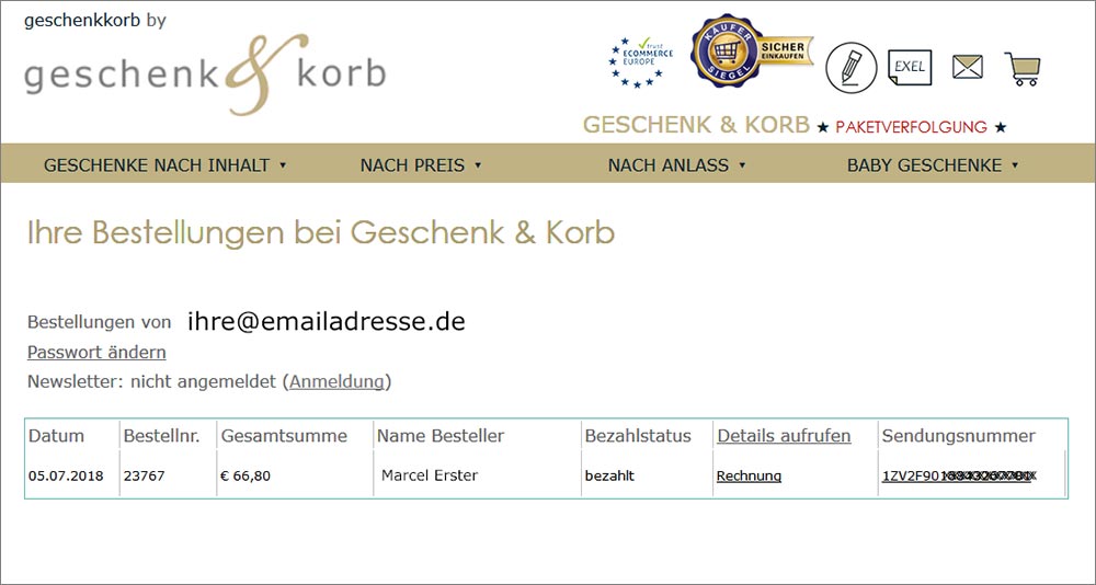 Nach Ihrer Bestellung erhalten Sie einen Zugangscode zu Ihrer Bestellung und E-mails zur Sendungsverfolgung. Präsentkorb bestellen - nachverfolgen