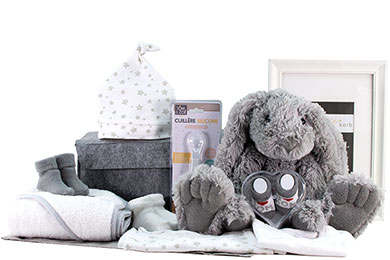 HOPPEL - BABY GESCHENKKORB in grau-wei