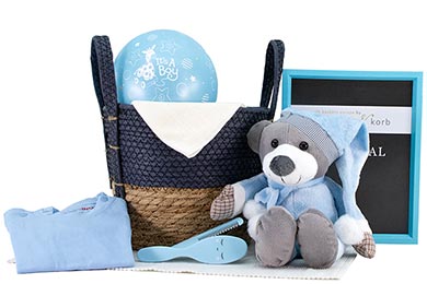 KUSCHELBÄR BABY JUNGEN GESCHENKKORB 