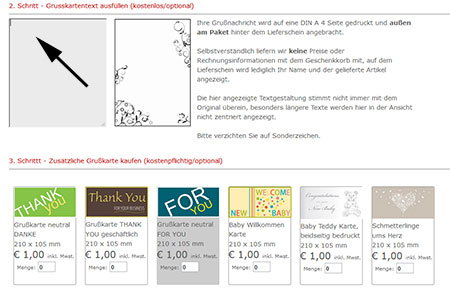 Grußkarte und Texteingabe zu Ihrer Bestellung Grußkarte zum Präsentkorb